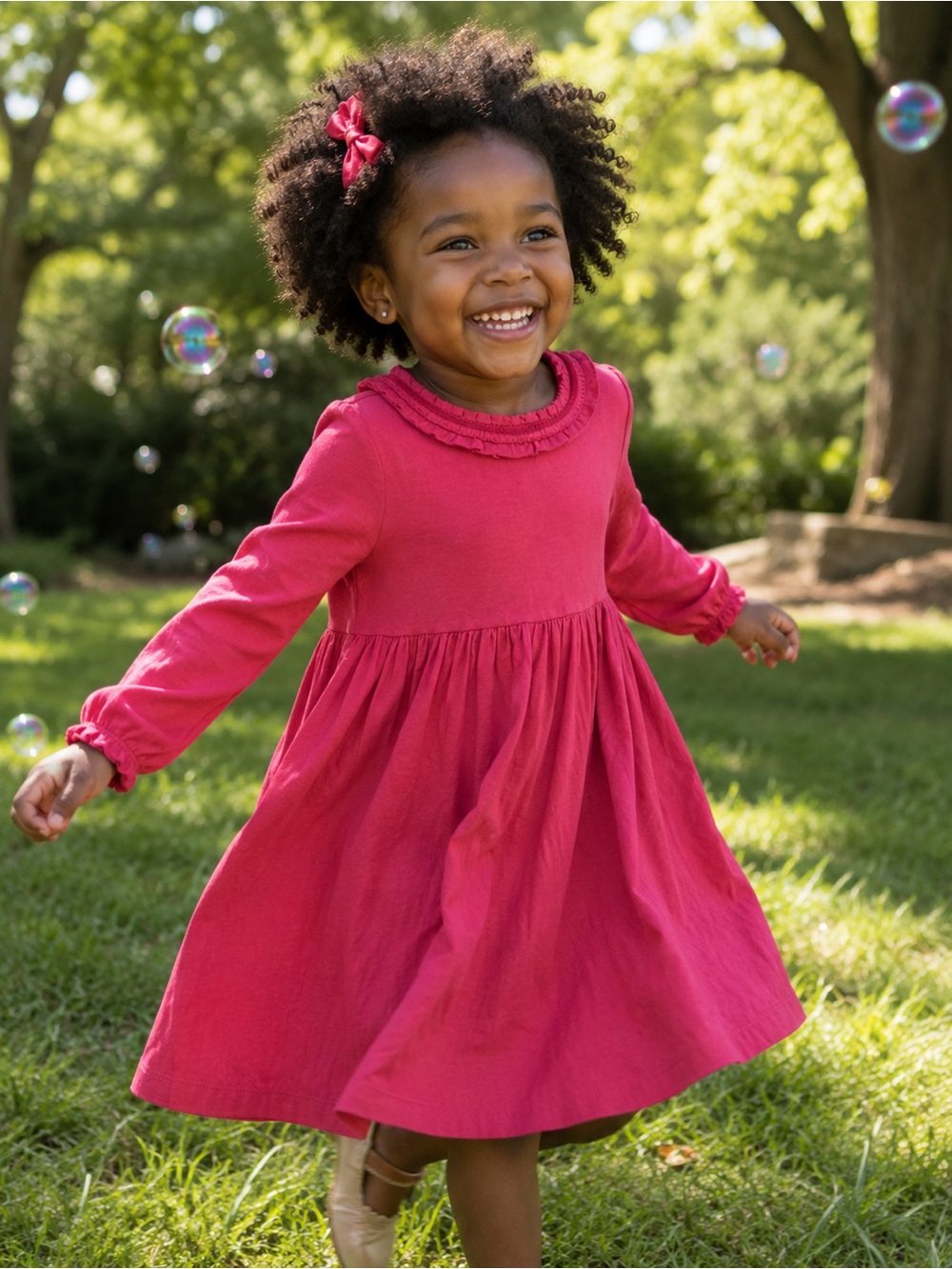 Mini Boden Bright Pink Red Ruffle-Neck Long Sleeve Dress Sz 3-4Y